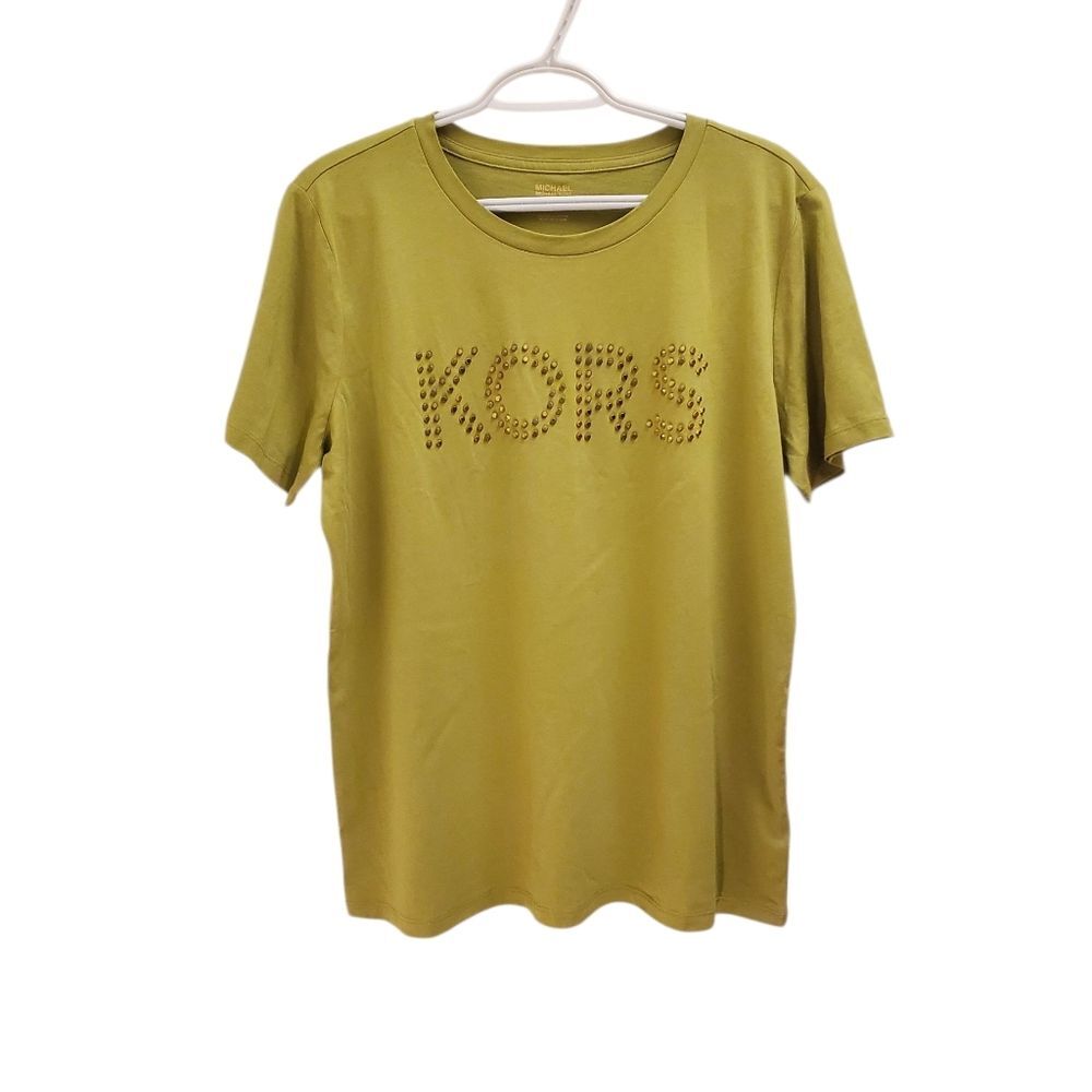Michael Kors Women Olive Green Studded Logo T Shirt Size Large Cotton Blend